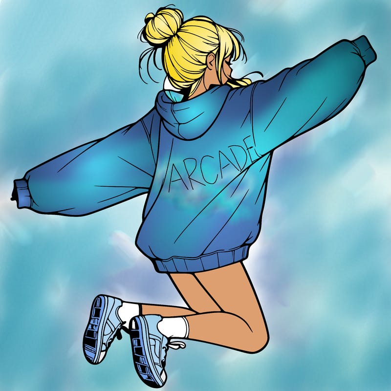 realistic girl jumping with a bun and oversized sweatshirt