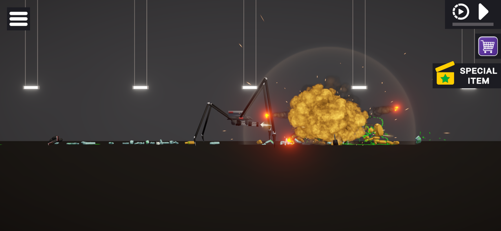 A large explosion next to a mechanical walker in a physics sandbox environment