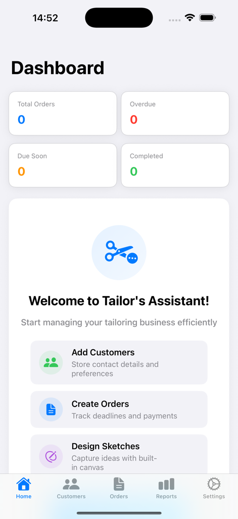 Main dashboard of the Tailors Assistant app showing order statistics and management quick actions