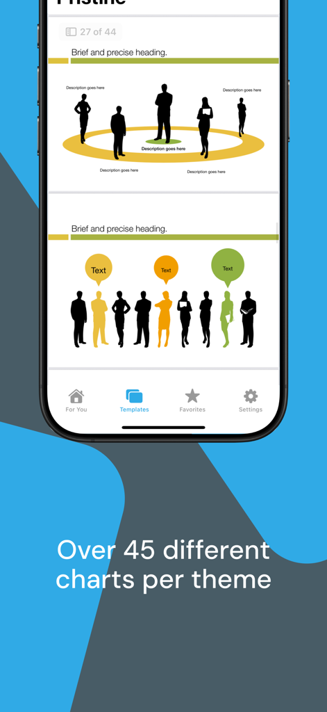 Captura de pantalla móvil de Plantillas para Keynote Pro mostrando diapositivas infográficas profesionales y opciones de gráficos.