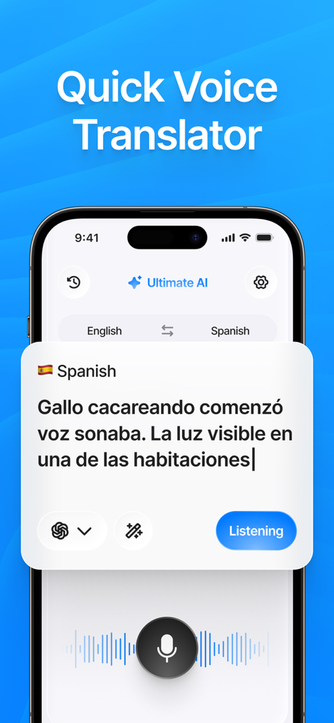 Interfaccia dell'app Traduttore AI che mostra la funzione di traduttore vocale rapido che converte il parlato in testo spagnolo.