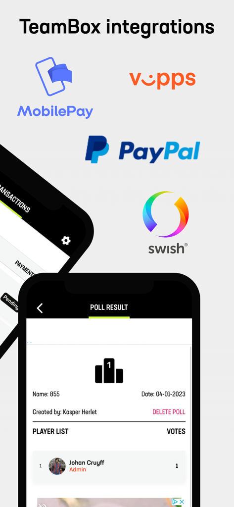 Teambox - Teamboxアプリのインターフェース。PayPalのような支払い統合と、マン・オブ・ザ・マッチ投票のためのチーム投票結果画面を表示