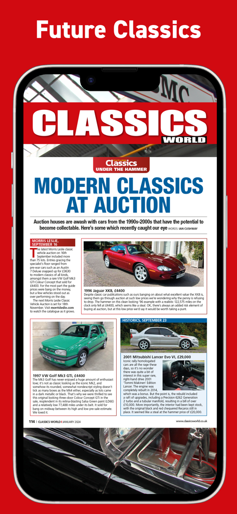 Classics World Magazine - Classics World Magazine app displaying an article on modern classic cars at auction including a Jaguar and VW Golf