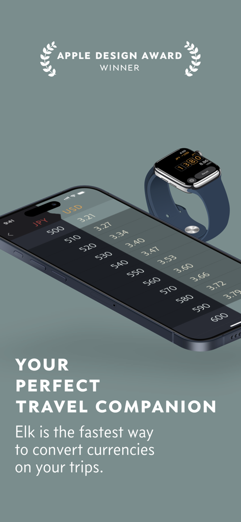 Die Elk Währungsrechner App auf dem iPhone und der Apple Watch mit dem Logo des Apple Design Award Gewinners.