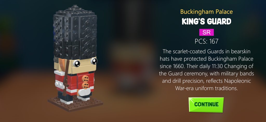 Buildit - Chill Brick Game - A digital brick-built King's Guard model from the Buckingham Palace set in the Buildit mobile game.