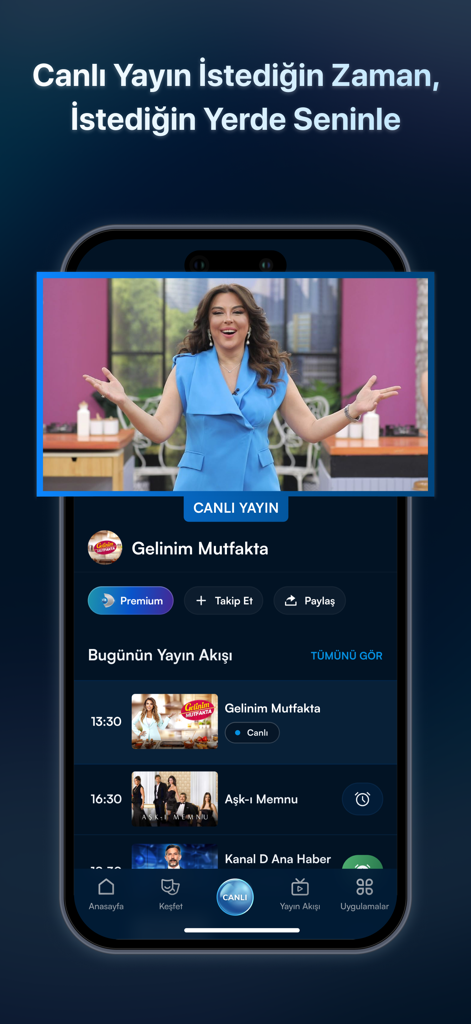 Schermata mobile dell'app Kanal D con una trasmissione in diretta e una guida ai programmi TV