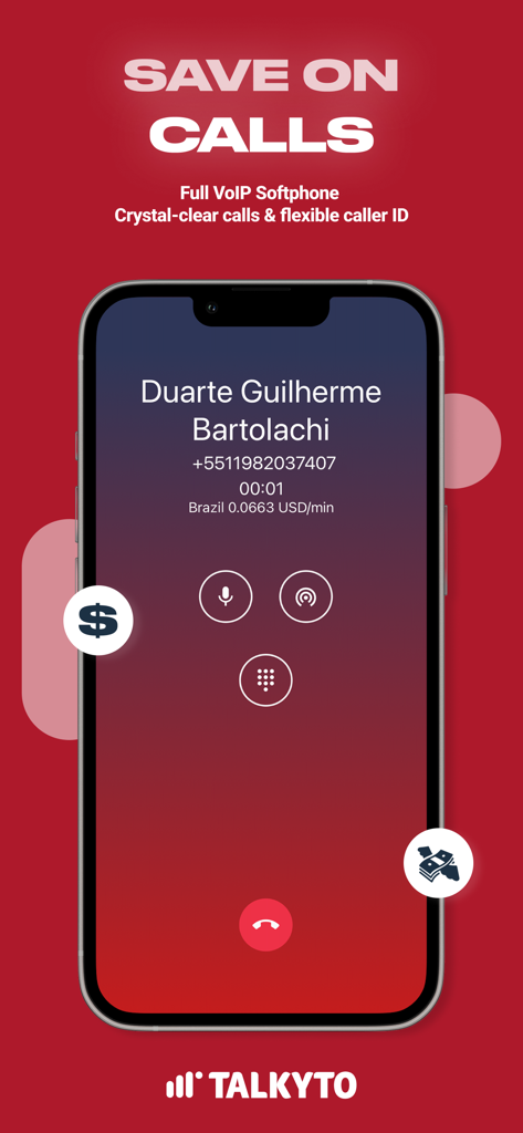Talkyto - Twilio Calls & SMS - Talkyto App-Bildschirm, der einen aktiven internationalen VoIP-Anruf mit niedrigen Minutentarifen und einer flexiblen Anrufer-ID anzeigt.