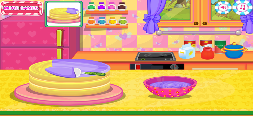 Cakes Maker : Cooking Desserts - Applying purple icing to a layered cake using a spatula in a colorful cartoon kitchen.