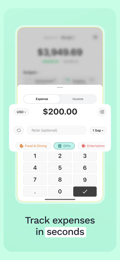 Spending Tracker: Sumi - Manual expense tracking interface in the Sumi app with a numeric keypad and spending categories.