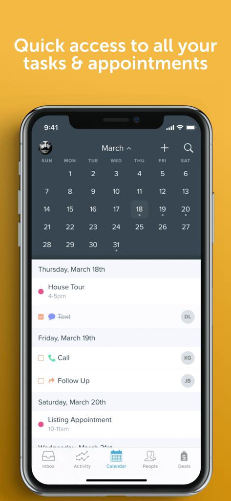 Follow Up Boss - Vista de calendario de la aplicación Follow Up Boss mostrando tareas y citas inmobiliarias
