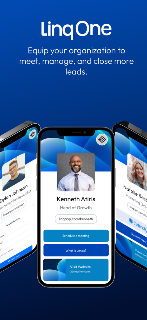 Linq—Meet, Manage, Close - Tres smartphones mostrando tarjetas de presentación digitales con perfiles profesionales y botones de captura de clientes potenciales en la interfaz de la aplicación Linq One