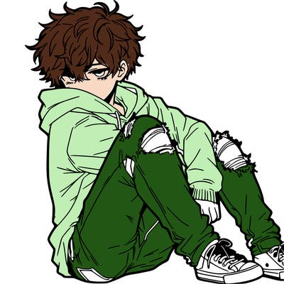 a male hoddie ripped jeans messy hair anime