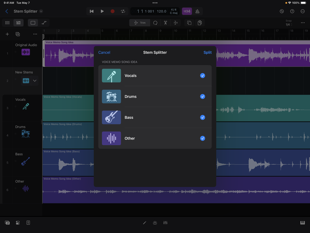 Die Stem Splitter-Oberfläche in Logic Pro für iPad trennt eine Audioaufnahme in Gesang, Schlagzeug, Bass und andere Instrumente.