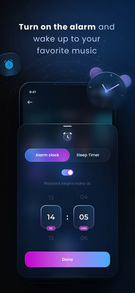 Interface of the Luna Deep app showing the alarm clock and sleep timer settings with a dark aesthetic design