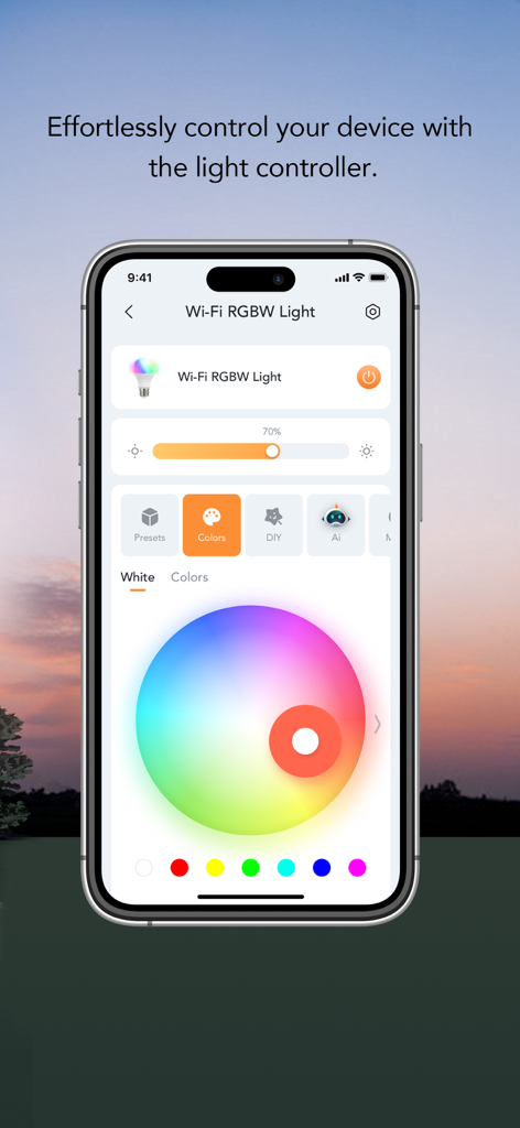 AiDot smartphone app screen for adjusting smart light color and brightness