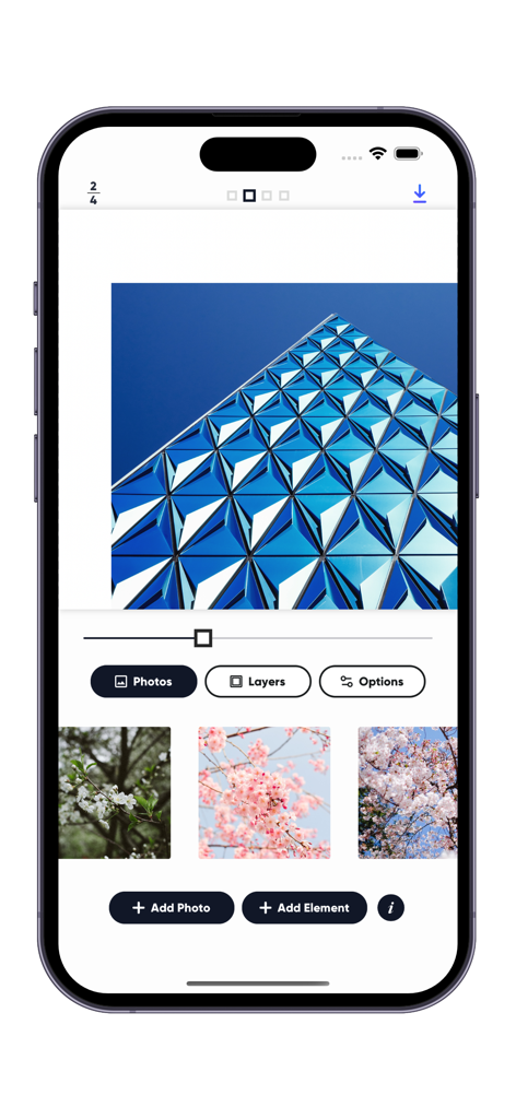 Carousel Collage Maker - Un'interfaccia di app mobile per creare post di caroselli senza interruzioni per i social media che mostra un editor di foto con livelli e strumenti di regolazione