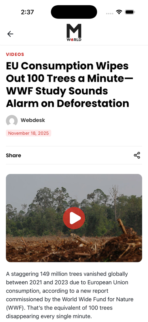 M World News - News article about deforestation in the M World News app