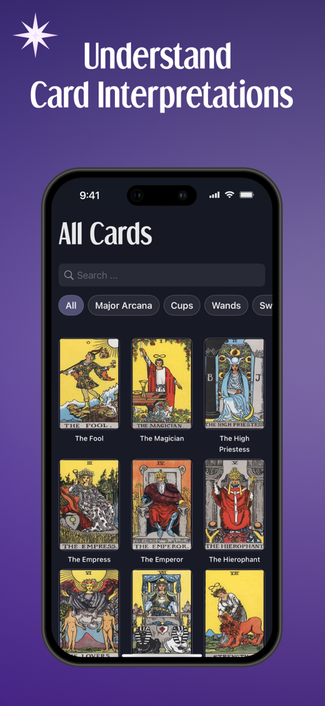 Learn Tarot: Rider Waite Cards - A library view of Rider Waite tarot cards in the Learn Tarot app showing cards like The Fool and The Magician