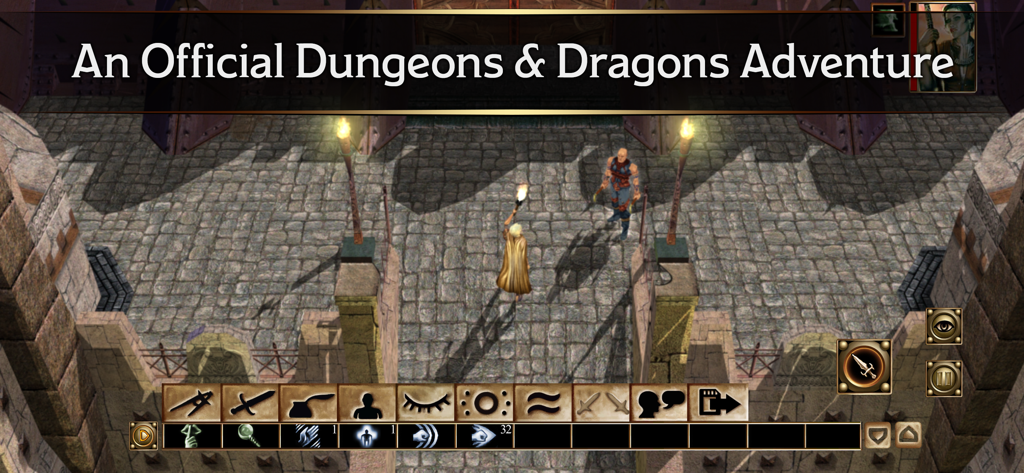 Neverwinter Nights mobile gameplay screenshot featuring an official Dungeons and Dragons adventure overlay