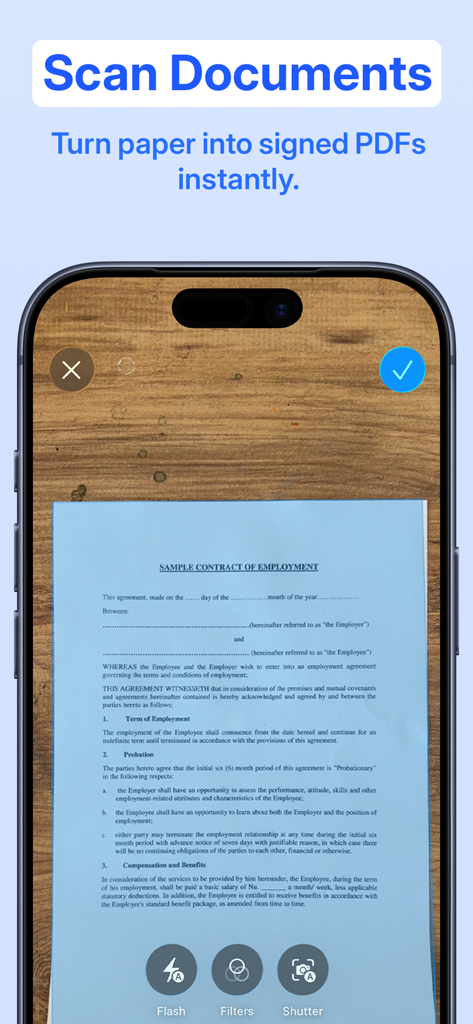 QuickSign: Sign & Scan PDF - Interface de l'application QuickSign pour numériser des documents papier en fichiers PDF