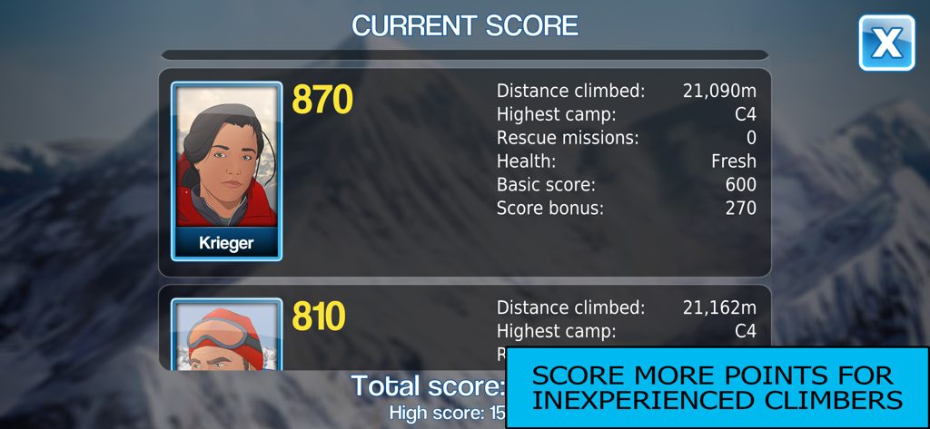 K2 Story - A screenshot of the K2 Story app showing the current score screen with climber statistics and distance climbed