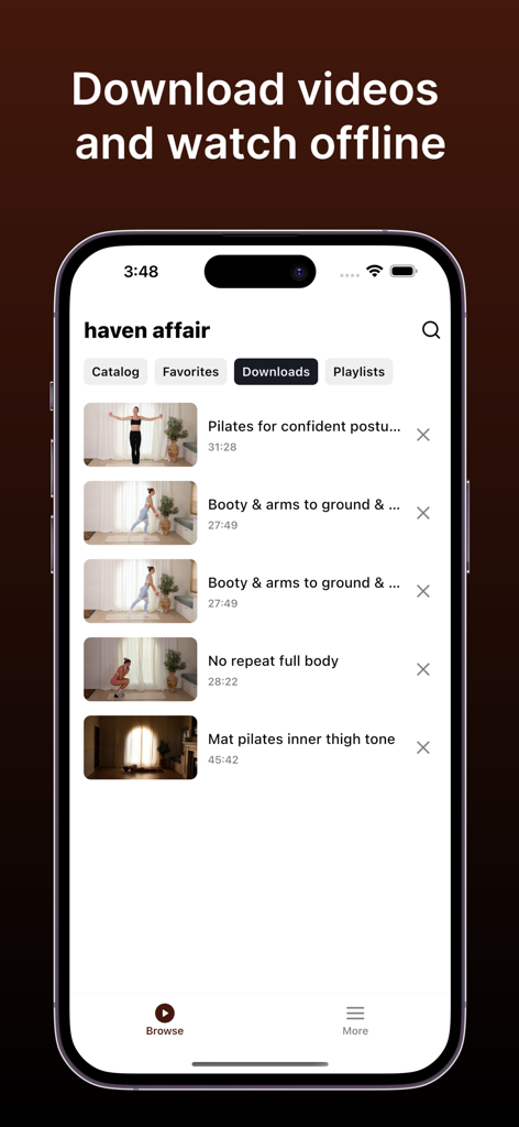 haven affair - The Haven Affair app interface showing a collection of downloaded Pilates and wellness videos for offline access