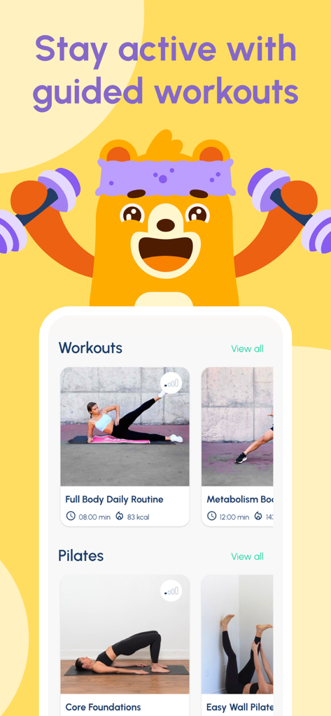 Fastic app interface showing guided workouts and pilates classes with a cartoon bear character