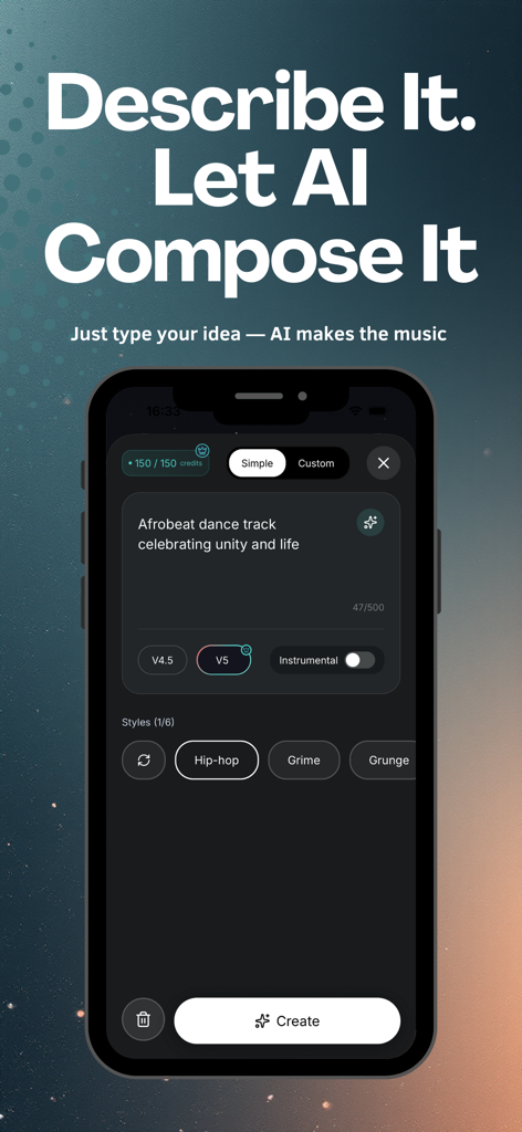 HyperMusic AI: Songs & Beats - A mobile phone screen showing the HyperMusic AI app interface for generating music from a text description.