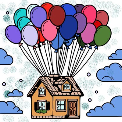 house floating from lots of balloons
