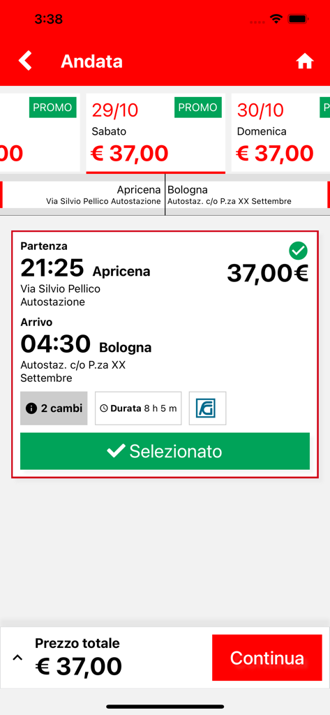 Schermata di prenotazione dell'app Ferrovie del Gargano che mostra i dettagli del viaggio e il prezzo del biglietto per la selezione