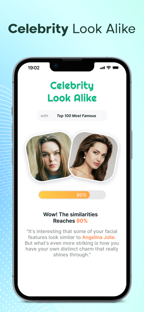 Beauty Scanner - Face Analyzer - Screenshot of Beauty Scanner app Celebrity Look Alike feature comparing a user to Angelina Jolie with an 80 percent similarity score