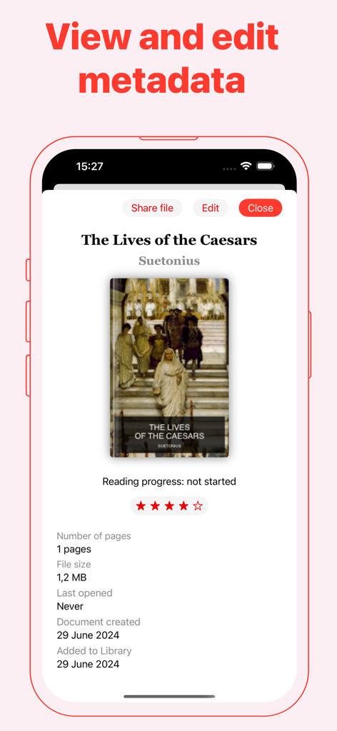 Smartphone display showing eBook metadata including title author and file details in the PDF Library app