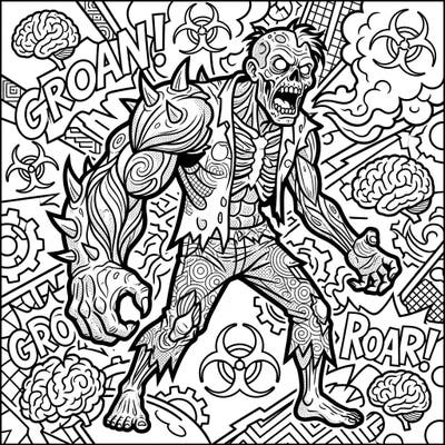 Get ready to color a terrifyingly cool Mutated Zombie in vibrant Pop Art style. This intricate page features comic-book inspired details, biohazard symbols, and expressive words like "GROAN!" for a truly immersive experience.