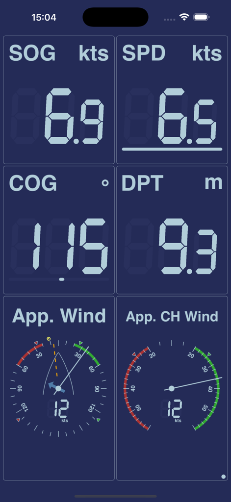 Tableau de bord de l'application NMEAremote affichant les données de vitesse, de profondeur, de cap et de vent