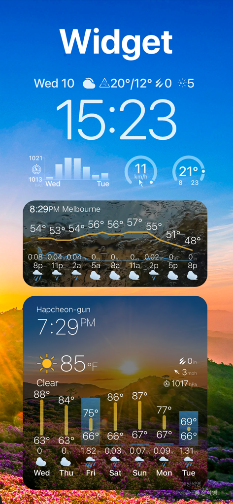 A variety of customizable Weawow weather widgets on a mobile home screen showing temperature and forecasts over beautiful landscape photos.