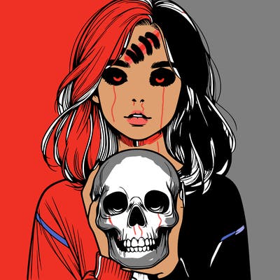 realistic girl holding a skull