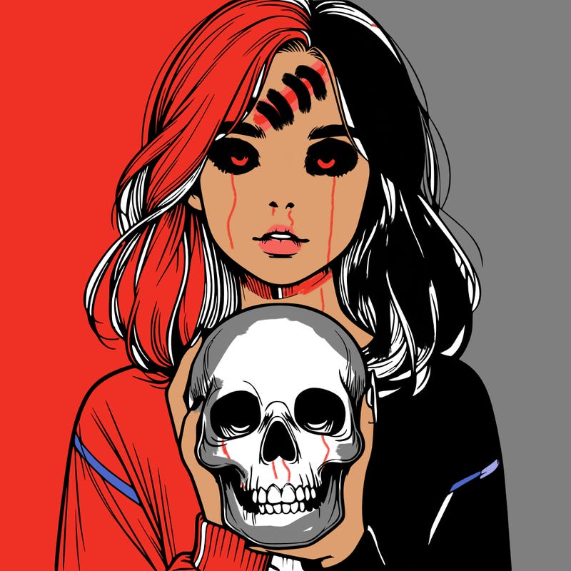 realistic girl holding a skull