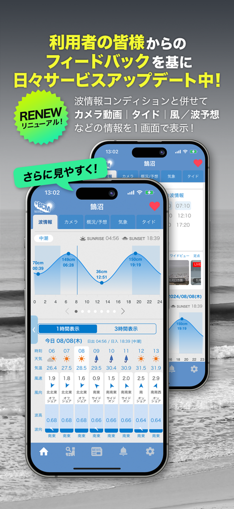 Aplicativo de Relatório de Surf BCM no iPhone exibindo gráfico de maré e condições das ondas