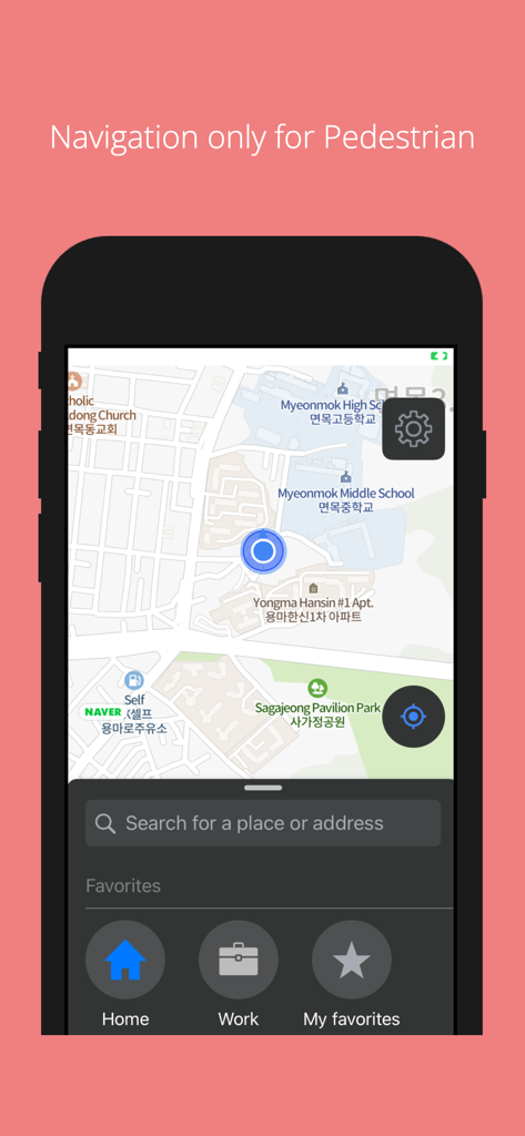 Map, Navigation for Pedestrian - A smartphone screen showing the pedestrian navigation app interface with a map and quick access buttons for home and work.