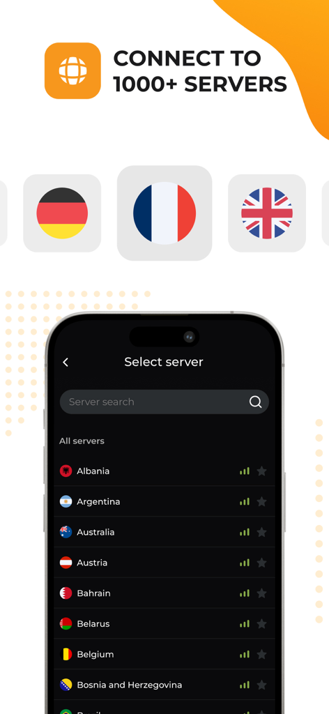 VPNLY - VPN Unlimited Proxy - A mobile interface for VPNLY showing a list of over 1000 global servers and country flags