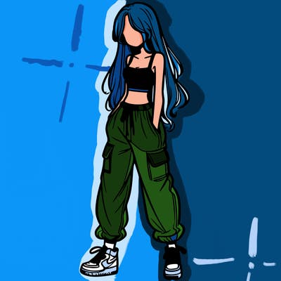 girl in baggy pants crop top and long hair