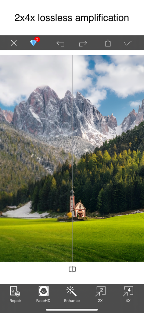 Photo HD Recovery: Restore - 高画質ロスレスアップスケーリングと増幅を示す風景写真の比較