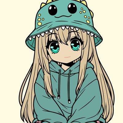 girl with anime shaped eyes with a dinosaur bucket hat oversized sweatshirt long straight hair