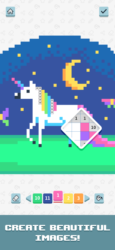 Pixelicious - Number Coloring - A pixel art coloring interface showing a white unicorn under a crescent moon with a color by number palette.
