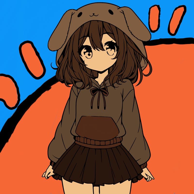 pretty anime girl wearing a fluffy hoodie with bunny ears on the hood and a skirt