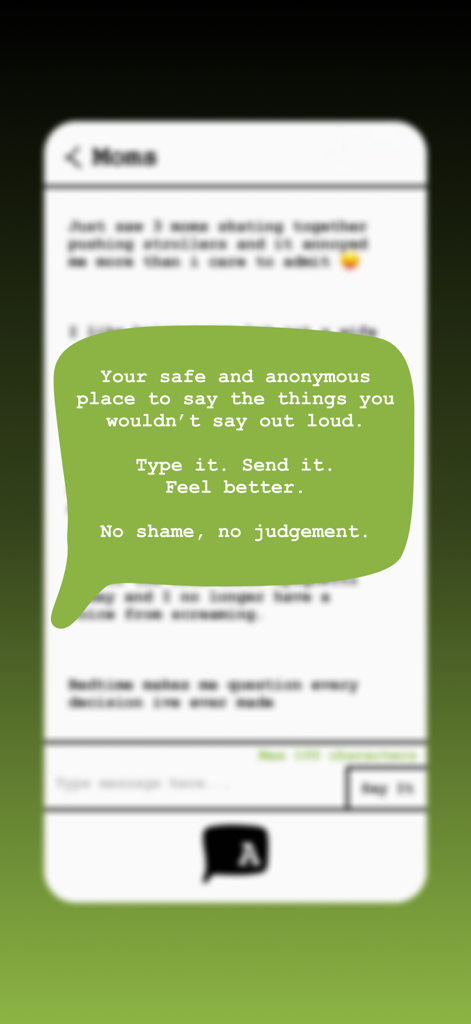 Air Out! - Tela do aplicativo Air Out mostrando uma bolha de fala verde que descreve a plataforma como um lugar seguro e anônimo para expressar sentimentos sem julgamento
