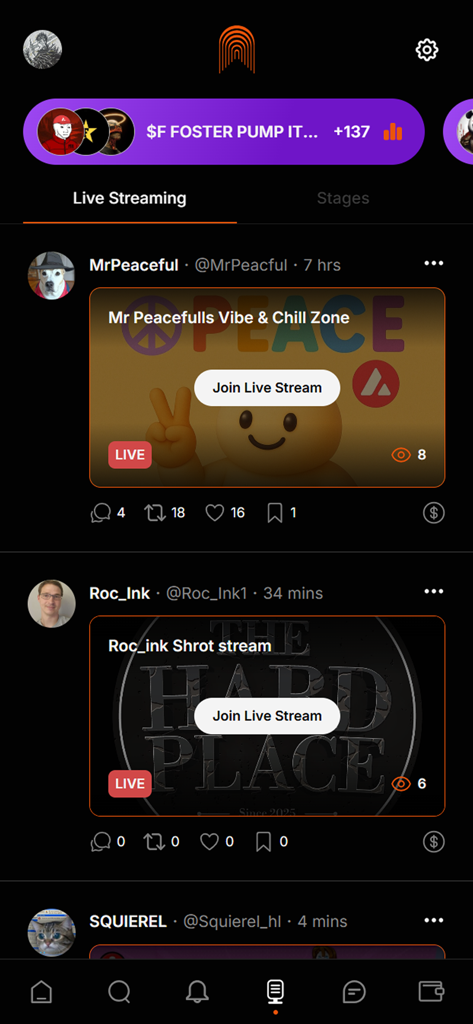 The Arena: SocialFi - Live streaming feed on The Arena SocialFi app showing creator streams and engagement buttons