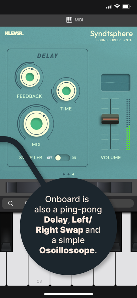 SyndtSphere mobile synth interface showing delay controls volume slider and oscilloscope display