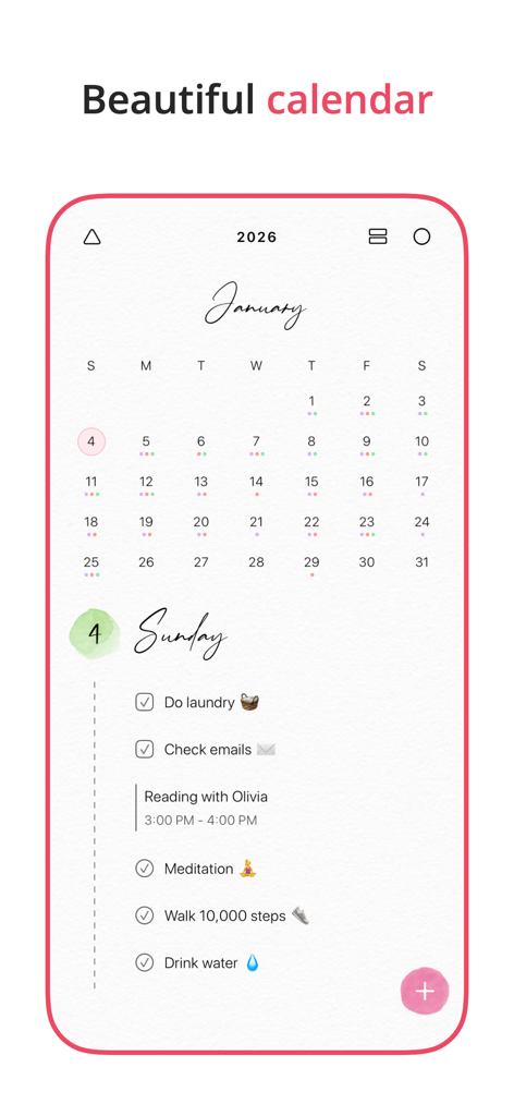 Minimalist digital calendar and daily to-do list interface in the Floret planner app