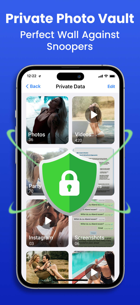 A mobile screenshot showing the Secret Photo Vault app interface with a green security lock shield over private photo and video folders
